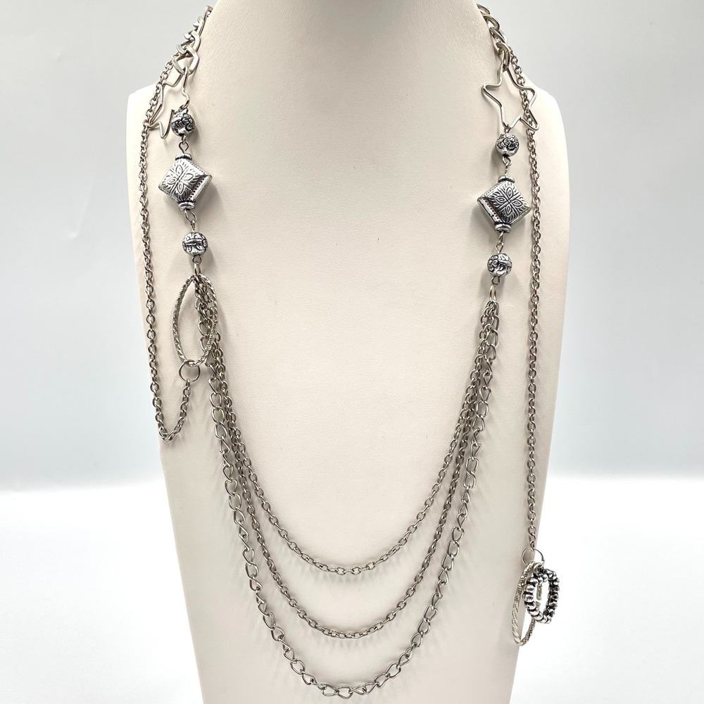 Vintage Y2K Silver Multi Strand Layered Chain Necklace Star Geometric Boho